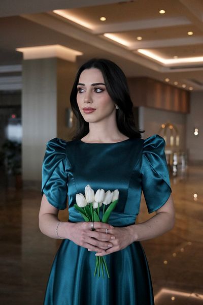 GNRDESİGN Green Misha Flared Skirt Short Lotus Sleeve Boat Neck Evening Dress/Dress