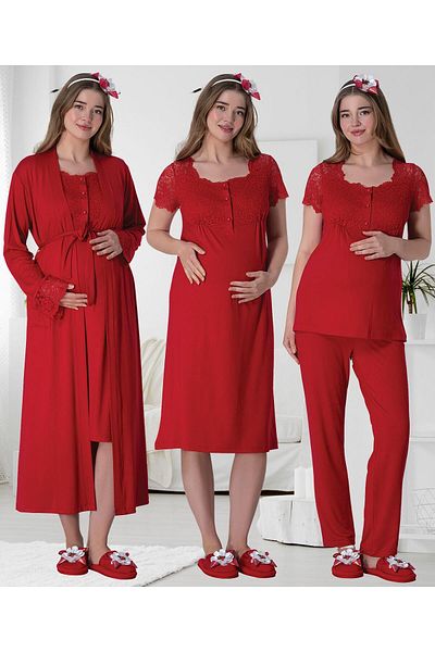 Mecit Pijama طقم ثوب نوم للحوامل باللون الأحمر ومجموعة ثوب طويل