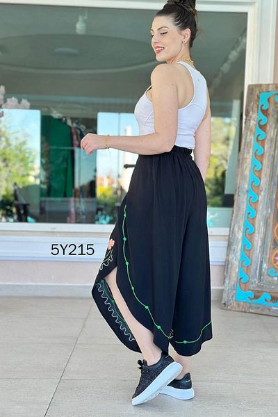 İnce Topuk Embroidered Loose Viscose Trousers 5Y215