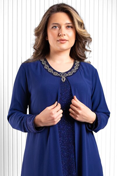 SUBU TASARIM Кам'яний принт Детальний шифон Вечірня сукня Синій TBSMDA2520