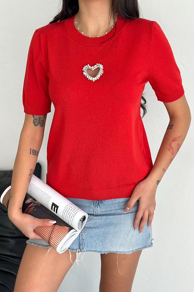 FEMELLE Women's Red Standard Size Heart Stone Accessory Detailed Short Sleeve Cotton Slim Stone Knitwear Blouse