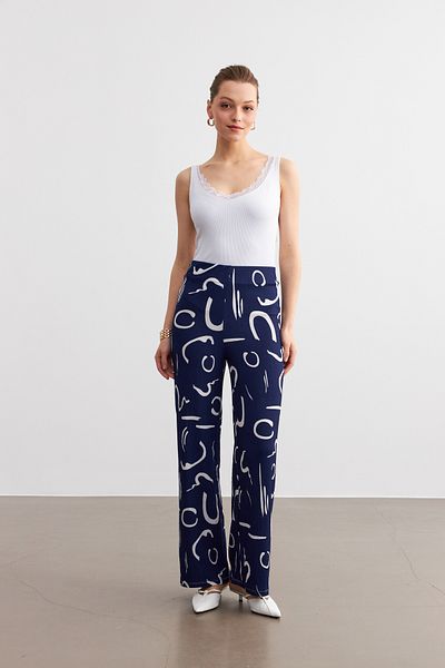 MODAGEN Women's Navy Blue Patterned Pipe Leg Trousers