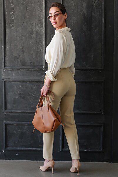 Madmext Bej Önü Biyeli Yüksek Bel Kadın Pantolon MG2425