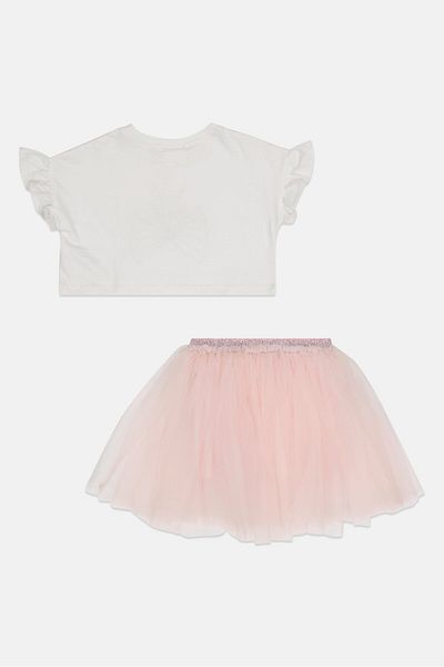 Miss Toddlers Girl Embroidered Top And Mesh Skirt Set, White/Pink