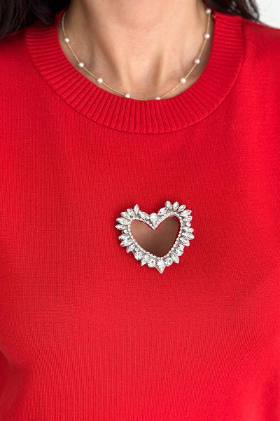 FEMELLE Women's Red Standard Size Heart Stone Accessory Detailed Short Sleeve Cotton Slim Stone Knitwear Blouse