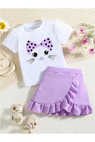 bebekpare Girl's Skirt Suit - Bandana and Cat Print