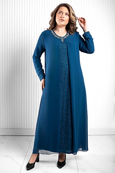 SUBU TASARIM Камінь Друк Детальний Шифон Вечірня сукня Нафта TBSMDA2520