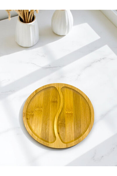 CİHO Bamboo Wooden Round 2 Compartment Presentation Plate Breakfast, Snack, P...