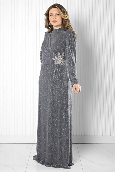SUBU TASARIM Βραδινό φόρεμα με λεπτομέρεια σε γκρι πέτρα TBSMDA2522