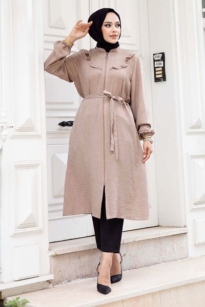 Tesettür Dünyası Mink Linen Tunic - TSD with Ruffle Detail and Zipper240518