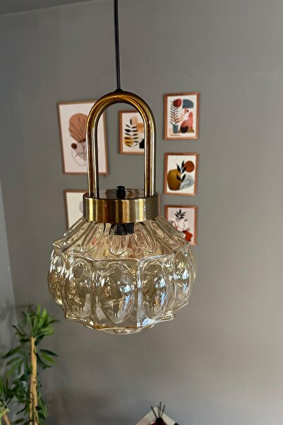 Bamyum Şila Cam Bal Rengi Tekli Avize Eskitme Kilit Kafa Başlık Retro Sarkıt Lamba Salon Aydınlatma