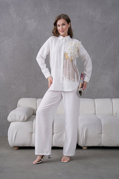 Miss Allos Women's Front Sequin Sequin Embroidered Tulle Flower and Stone Embroidered Linen Shirt and Pants Bottom Top Set