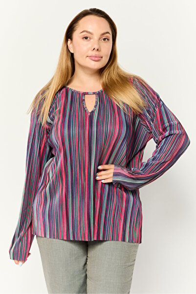 CYRUS Women Round Neck Long Sleeves Textured Stripes Tops, Multicolor
