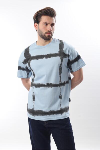 Madmext Baby Blue Crew Neck Printed Basic Men's T-Shirt E7109