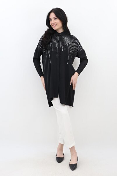 MÜSEMMA Müsemma Büyük Beden Krep Kumaş Taş İşlemeli Mehtap Gömlek - Siyah