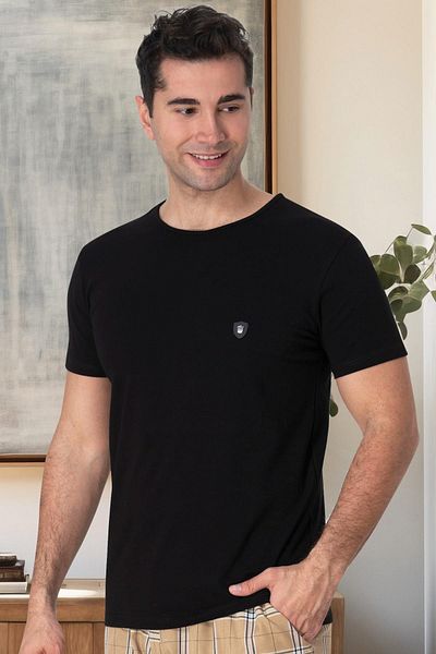 Mecit Pijama Mecit 3012 - Μαύρο ανδρικό μπλουζάκι από βαμβακερό Lycra, λαιμόκοψη, κοντό μανίκι