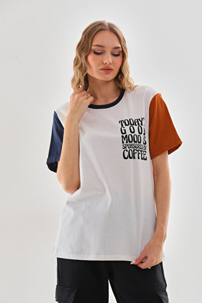 Mood Lab Unisex πολύχρωμο κοντομάνικο λευκό μπλουζάκι με σλόγκαν με στάμπα