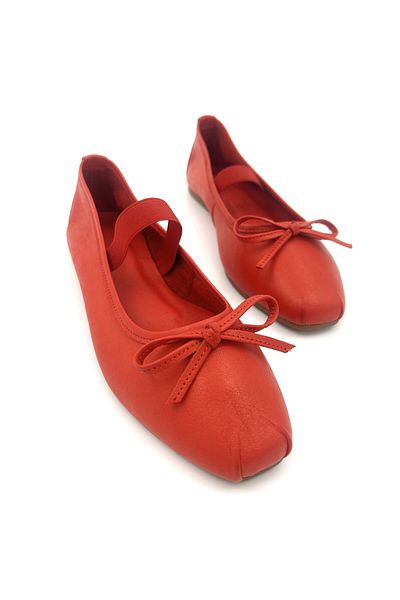 Lizizu Genuine Leather Red Mustache Bow Elastic Casual Women's Ballerinas