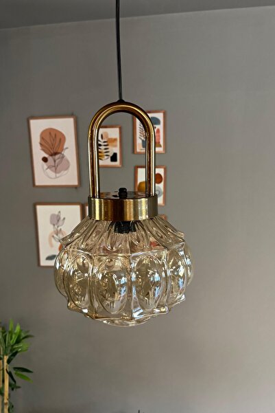 Bamyum Şila Cam Bal Rengi Tekli Avize Eskitme Kilit Kafa Başlık Retro Sarkıt Lamba Salon Aydınlatma