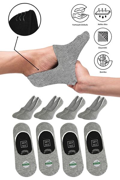 SAYSEZ Bamboo Men's Ballerina Gray Socks Seamless Invisible Anti-Slip Heel Silicone Premium Pack of 4