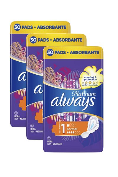 Always Platinum Normal, tampoane sanitare cu aripi, 3 pachete x 30, 90 buc