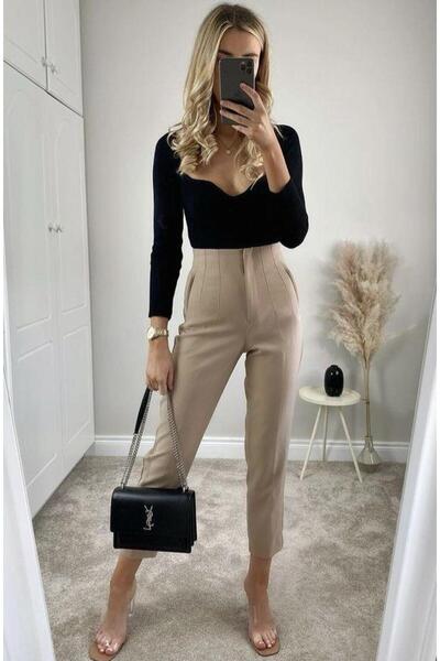 Madmext Bej Önü Biyeli Yüksek Bel Kadın Pantolon MG2425