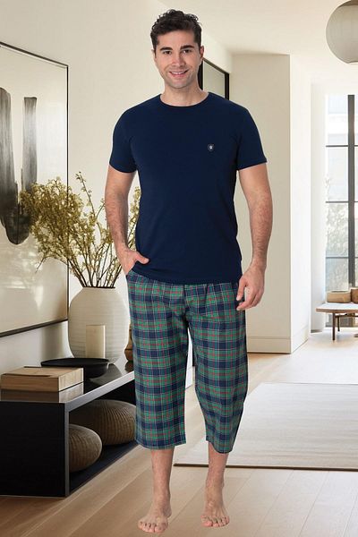 Mecit Pijama Mecit 2914 Navy Blue καρό ανδρικό σετ πιτζάμες Capri μεγάλου μεγέθους