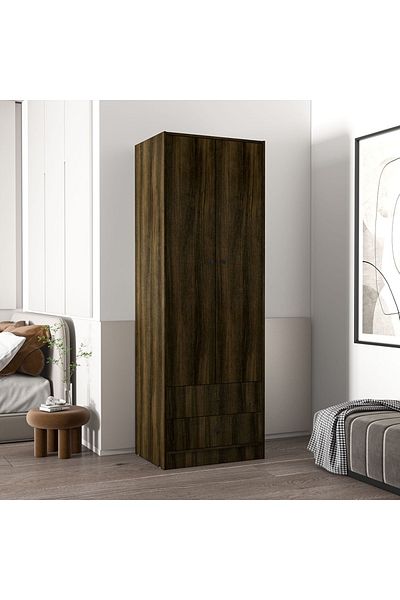 POLITORNO 2-door wardrobe with drawers for bedrooms and homes, tobacco color
