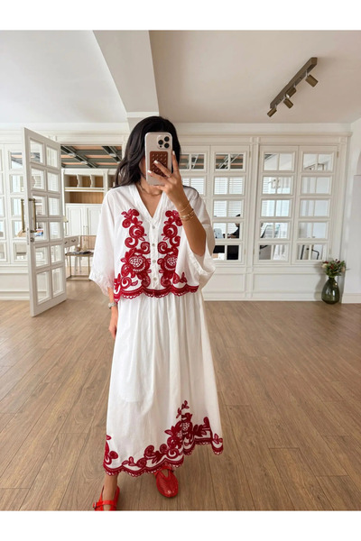 My Blog Set fuste cămașă 100% bumbac brodate roșu Claret - 7165