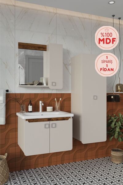 BALNEOM Selvi 65 Cm %100 Mdf Lavabolu Banyo Dolabı Aynalı Dolaplı Üst Dolap Lavabo Boy Dolabı