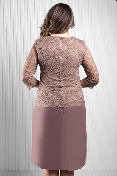 SUBU TASARIM Βραδινό φόρεμα με μπεζ δαντέλα με λεπτομέρεια αλυσίδας TBSMDA1015