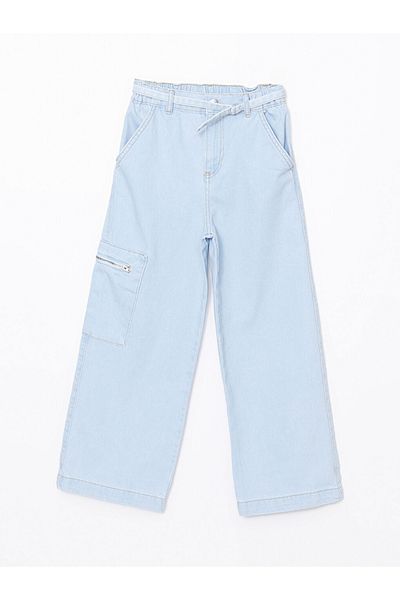 LC Waikiki Blugi cargo pentru fete, 100% bumbac, cu picioare largi, cu talie elastică și accesorii pentru curea