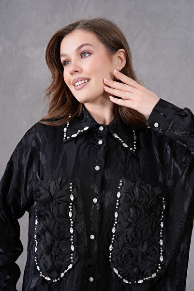 Miss Allos Дамска жакардова риза и панталон отпред с джобове и бродирани камъни, долна част и горен комплект