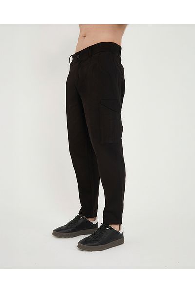 RELAXL Ανδρικό παντελόνι Gabardine Black Cargo από 100% βαμβακερό κωνικό πλισέ