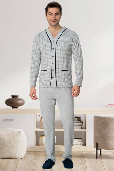 Mecit Pijama Mecit 22767 Γκρι Μπροστινό Κουμπωτό Σετ Ανδρική Πιτζάμα Plus Size