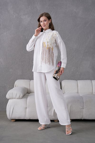 Miss Allos Women's Front Sequin Sequin Embroidered Tulle Flower and Stone Embroidered Linen Shirt and Pants Bottom Top Set