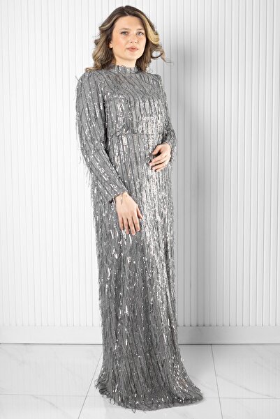 SUBU TASARIM Sequin Sequin Detailed Evening Dress Gray Tbs2025