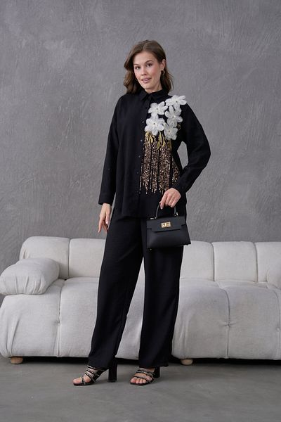 Miss Allos Women's Front Sequin Sequin Embroidered Tulle Flower and Stone Embroidered Linen Shirt and Pants Bottom Top Set