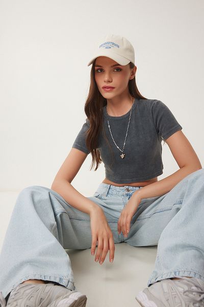 Lovelyİstanbul Πλεκτό T-shirt με ξεθωριασμένο εφέ ANTHRACITE LUS0112