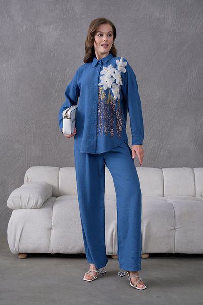 Miss Allos Women's Front Sequin Sequin Embroidered Tulle Flower and Stone Embroidered Linen Shirt and Pants Bottom Top Set