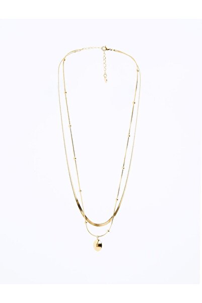 Jimmy Key Altın Rengi Yuvarlak Metal Detaylı Çok Zincirli Çelik Kolye