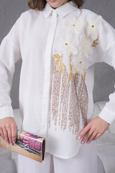 Miss Allos Women's Front Sequin Sequin Embroidered Tulle Flower and Stone Embroidered Linen Shirt and Pants Bottom Top Set