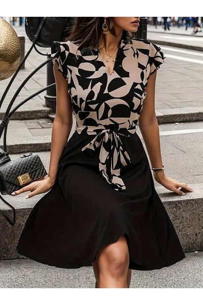 Femella Women Fashion Γυναικείο κοντομάνικο βολάν με λεπτομέρεια Μίνι φόρεμα κρεπ με ζώνη
