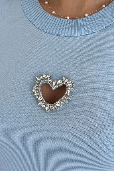 FEMELLE Women Baby Blue Standard Size Heart Stone Accessory Detailed Short Sleeve Cotton Thin Stone Knitwear Blouse