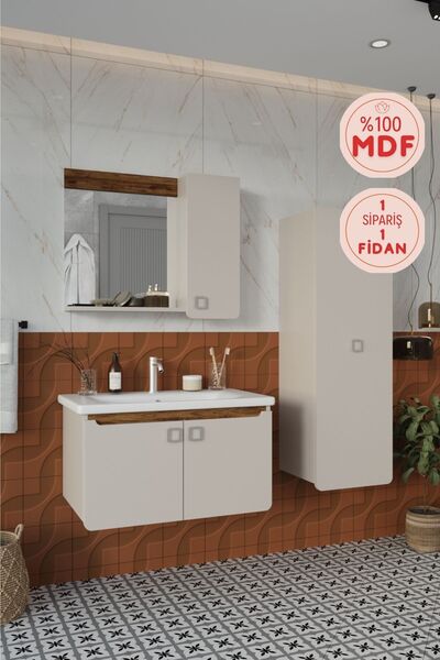 BALNEOM Selvi 80 Cm %100 Mdf Lavabolu Banyo Dolabı Aynalı Dolaplı Üst Dolap Lavabo Boy Dolabı