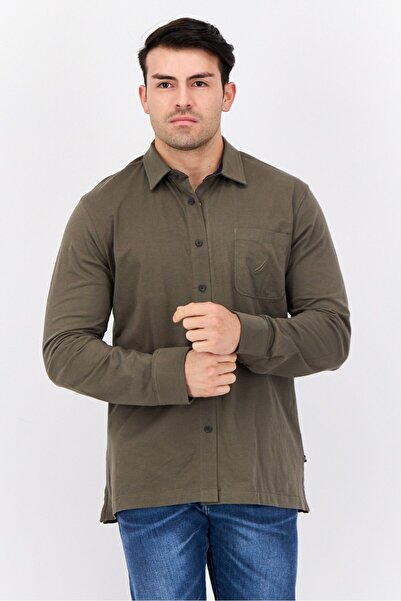 Nautica Men Regular Fit Plain Long Sleeve Casual Shirt, Dark Olive