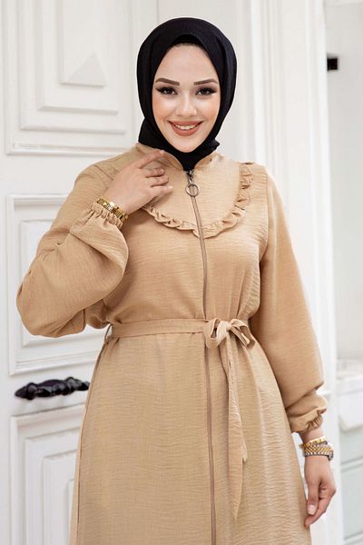 Tesettür Dünyası Camel Hijab Ferace - TSD με λεπτομέρεια βολάν και φερμουάρ240510