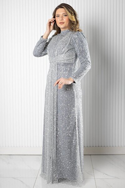 SUBU TASARIM Sequin Sequin Detailed Evening Dress Gray Tbsmda2526