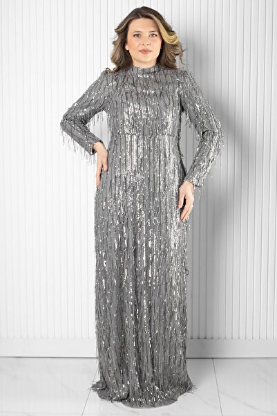 SUBU TASARIM Sequin Sequin Detailed Evening Dress Gray Tbs2025