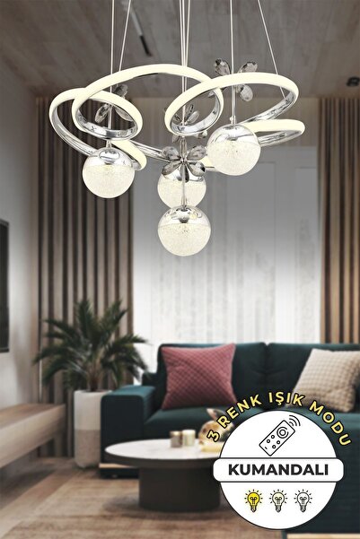 Capella Aydınlatma Armoni Kumandalı 3 Renk Işık Özellikli Modern Krom Kaplama Sarkıt Led Avize Salon Avize